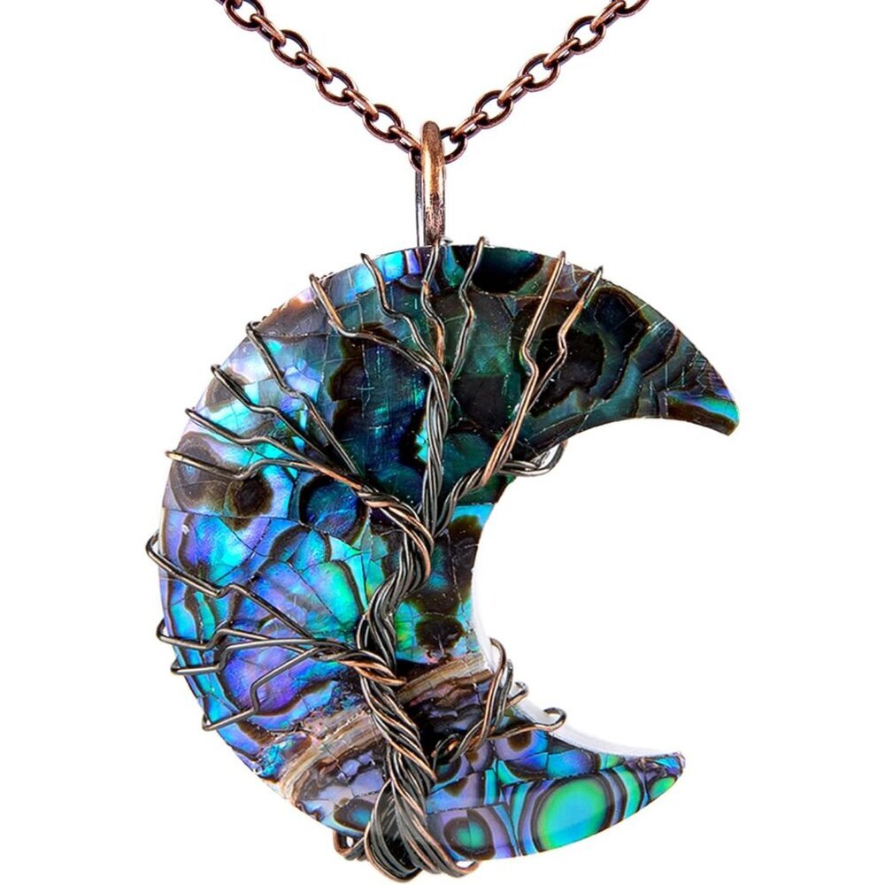 Life Tree Crescent Moon Necklaces for Women, Copper Wire Wrap Gemstones Pendant